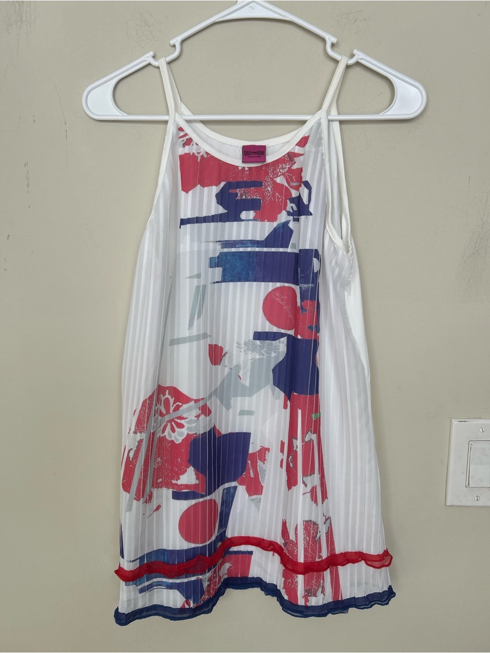 Y2K Save The Queen! pleated tank top, white, red, blue abstract, ruffled trim